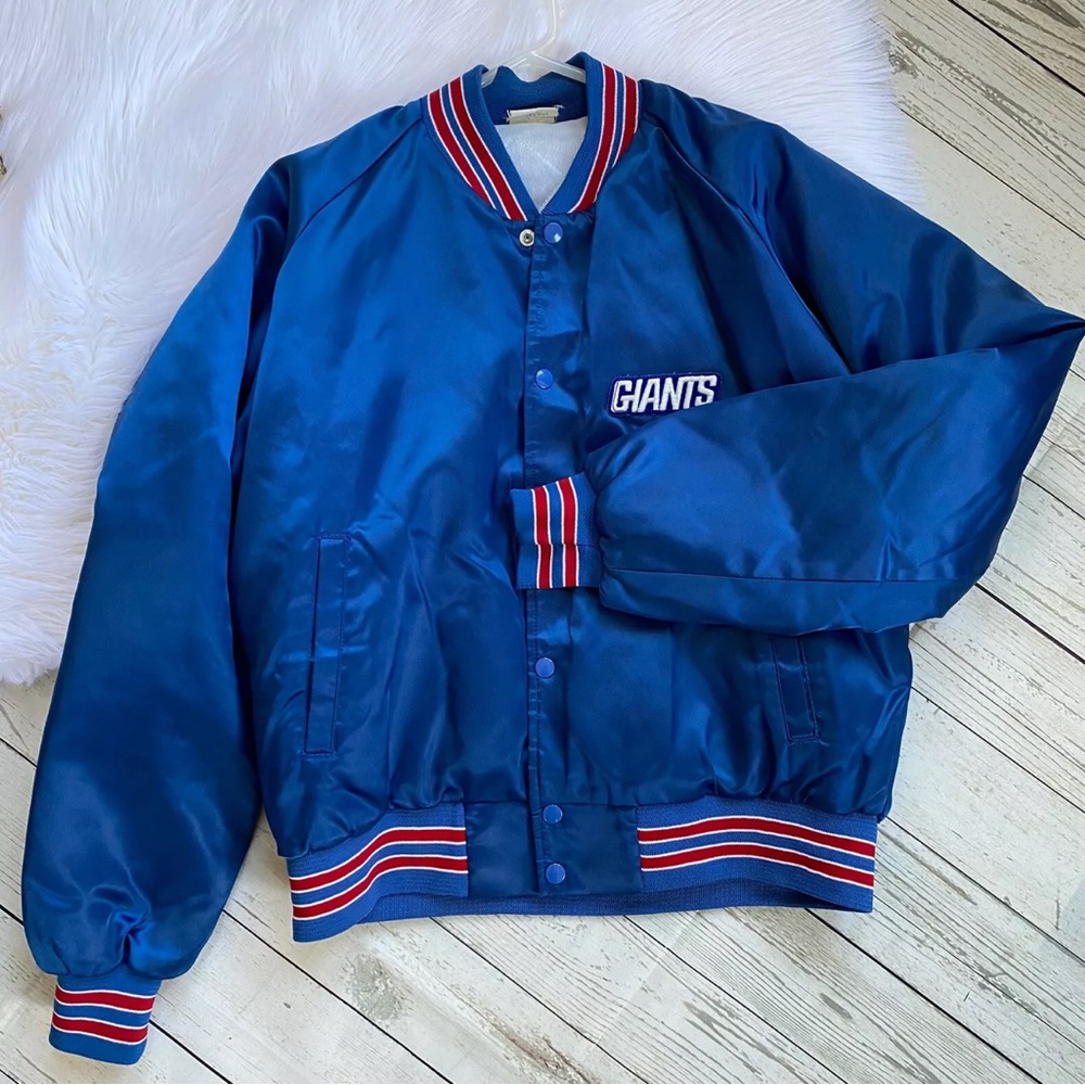 Vintage NY Giants Satin Snap Jacket Unisex Blue Small Medium S Chalk Line 70s
